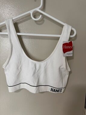 Hanes White Ribbed Logo Elastic Crop Bralette with Black Trim